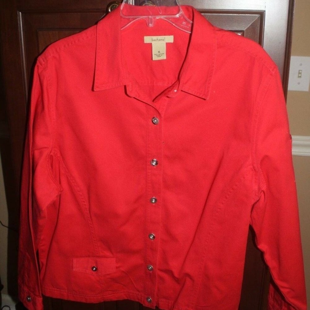 bechamel light jacket fitted long sleeve 100% cotton coral silver button…XL EUC
